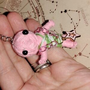 Pink and Green Spooky Yarn Doll Keychain